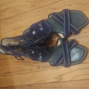 Manolo Blahnik blue suede, leather trim gladiator sandals.